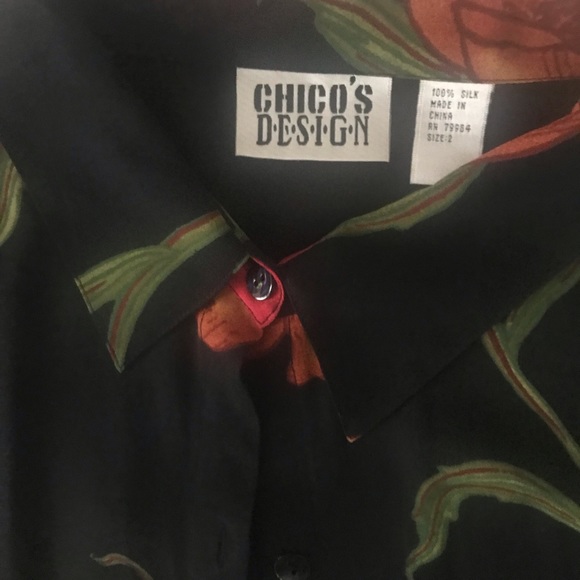 Chicos Design Silk Blouse Black Red Flowers Long Sheer Sz 2 - Picture 6 of 8